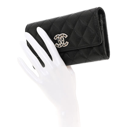 Chanel Caviar Quilted Crystal CC Large Gusset Flap Wallet Black 2 of 8