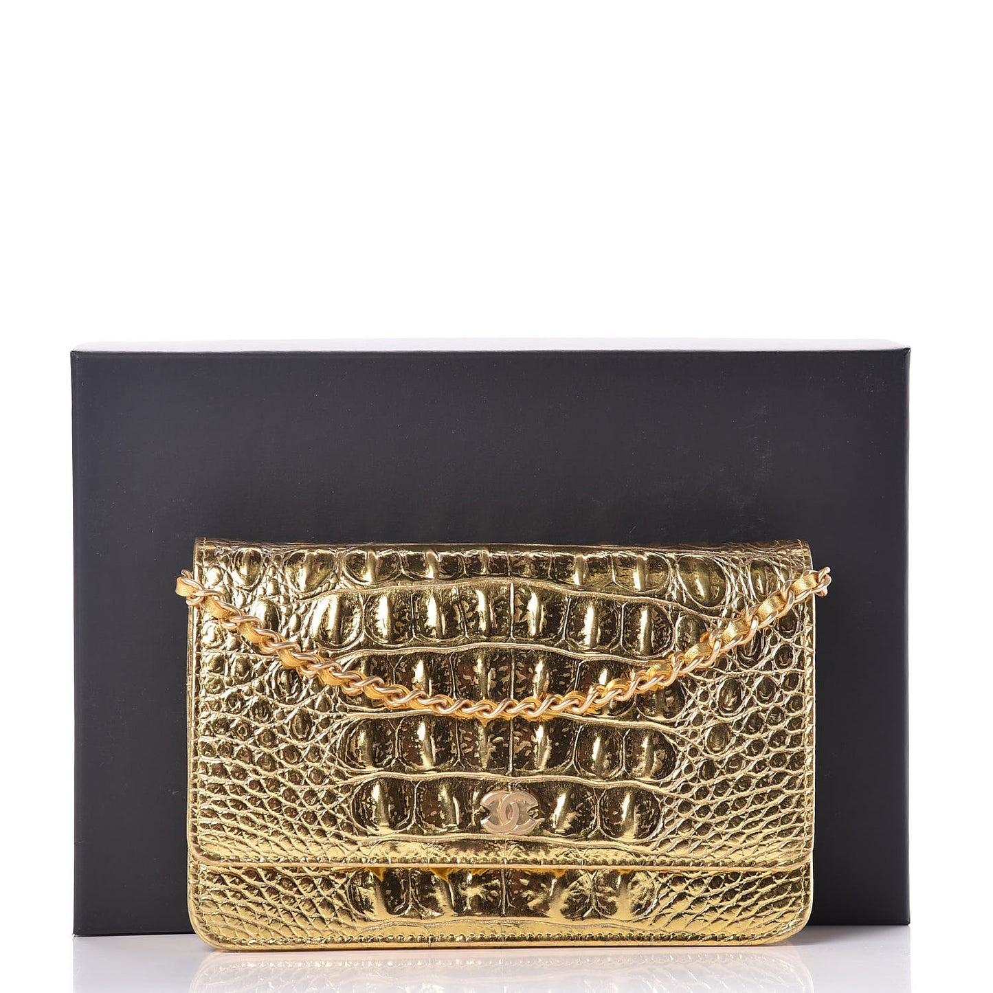 Metallic Calfskin Crocodile Embossed Cocodile Wallet On Chain WOC Gold