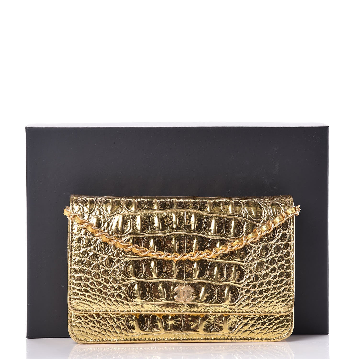 Chanel Metallic Calfskin Crocodile Embossed Cocodile Wallet On Chain WOC Gold 13 of 13