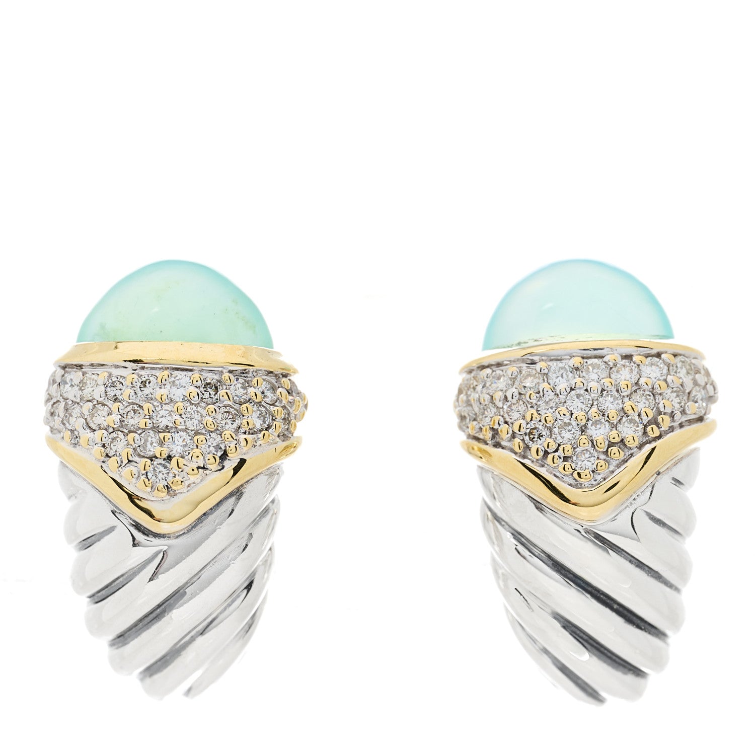 David Yurman Sterling Silver 18K Yellow Gold Diamond Chalcedony Shrimp Cable Earrings 1 of 4