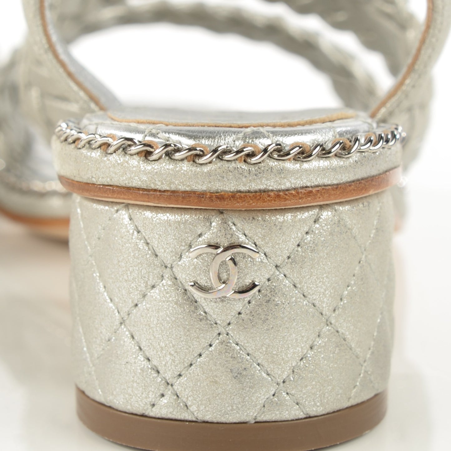 Metallic Goatskin Quilted Chain Sandals 37 Silver