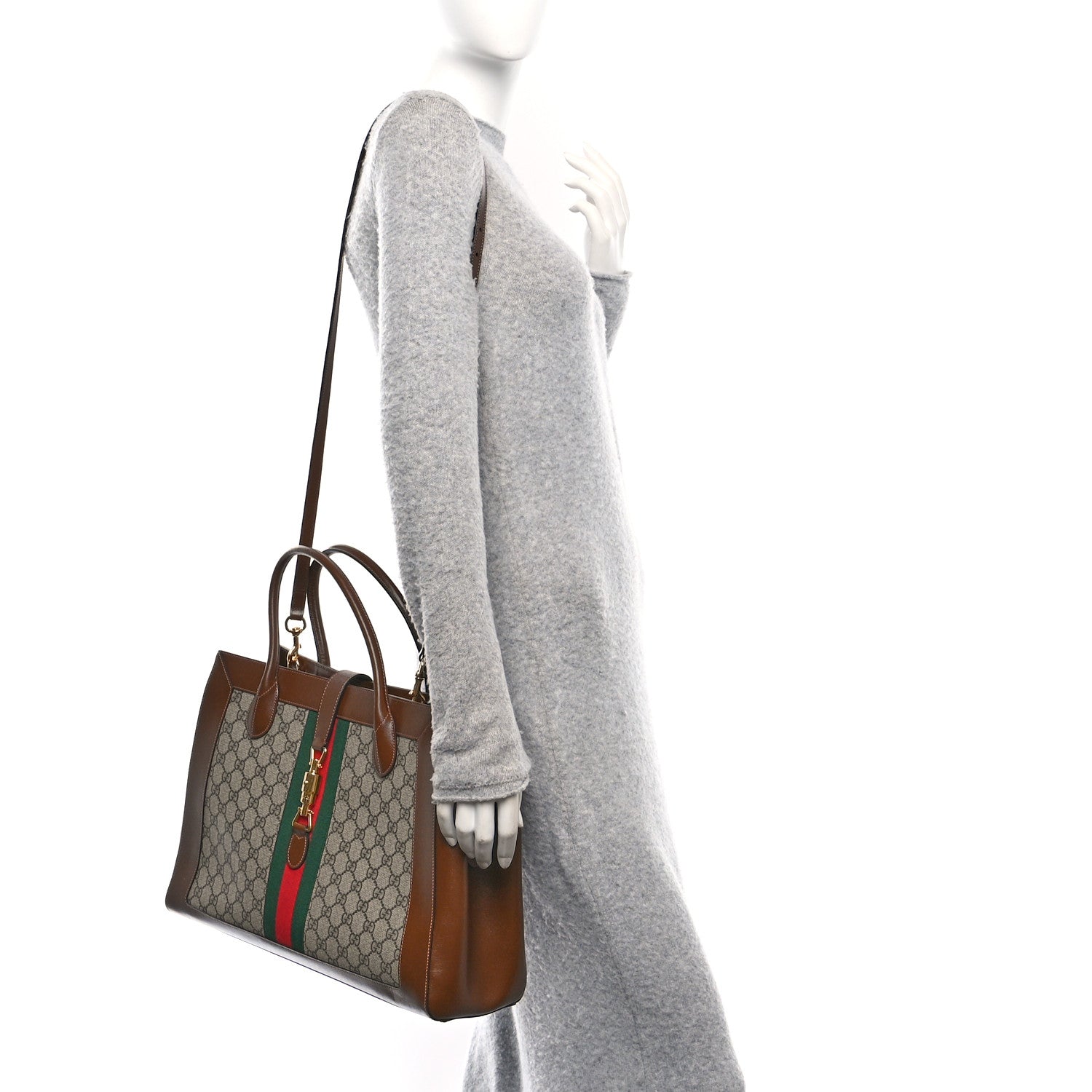 Gucci GG Supreme Monogram Azalea Calfskin Web Large Jackie 1961 Tote Beige Ebony Brown Sugar 2 of 10