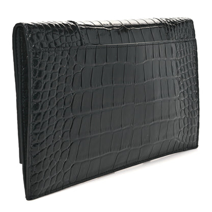 Balenciaga Shiny Calfskin Crocodile Embossed Hourglass Flap Flat Pouch Black 3 of 7