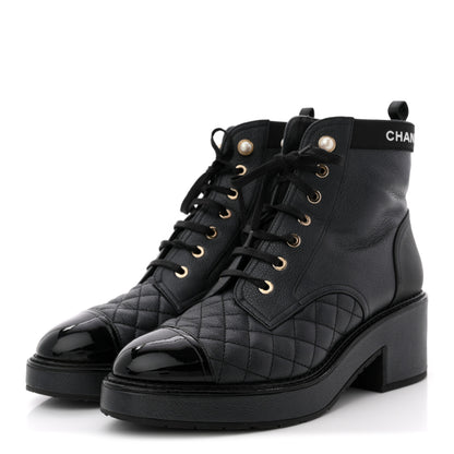 Chanel Pearly Calfskin Patent Calfskin Lace Up Combat Boots 40 Black 4 of 11