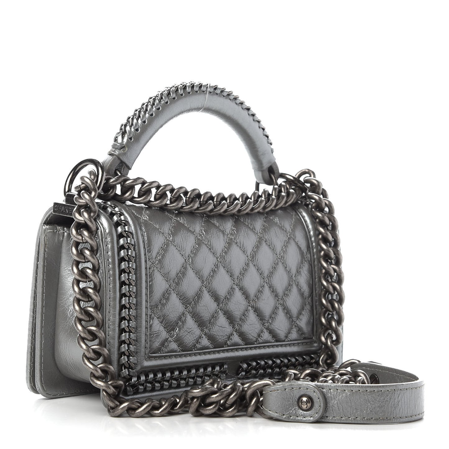 Metallic Aged Calfskin Quilted Small Boy Handle Flap Charcoal