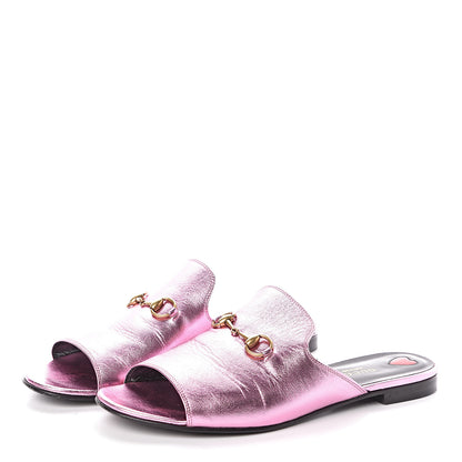 Gucci Metallic Malaga Kid Horsebit Slide Sandals 39.5 Rosa 3 of 7