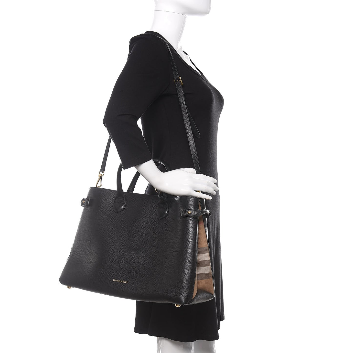 Grainy Calfskin House Check Large Banner Tote Black