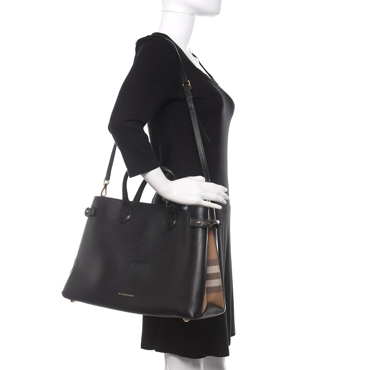 Burberry Grainy Calfskin House Check Large Banner Tote Black 2 of 9