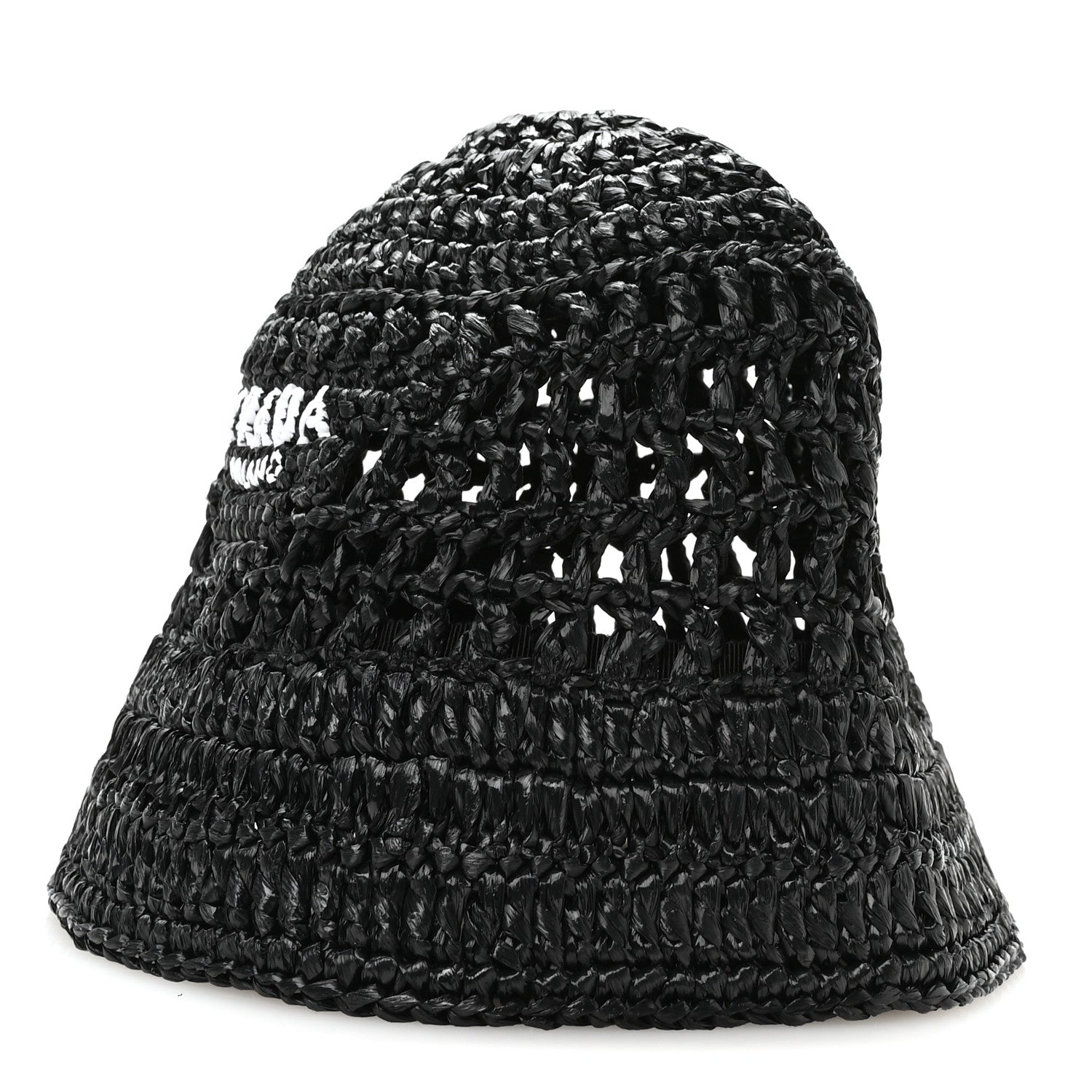 Prada Yarn Raffia Effect Crochet Logo Embroidered Womens Bucket Hat S Black 1 of 9