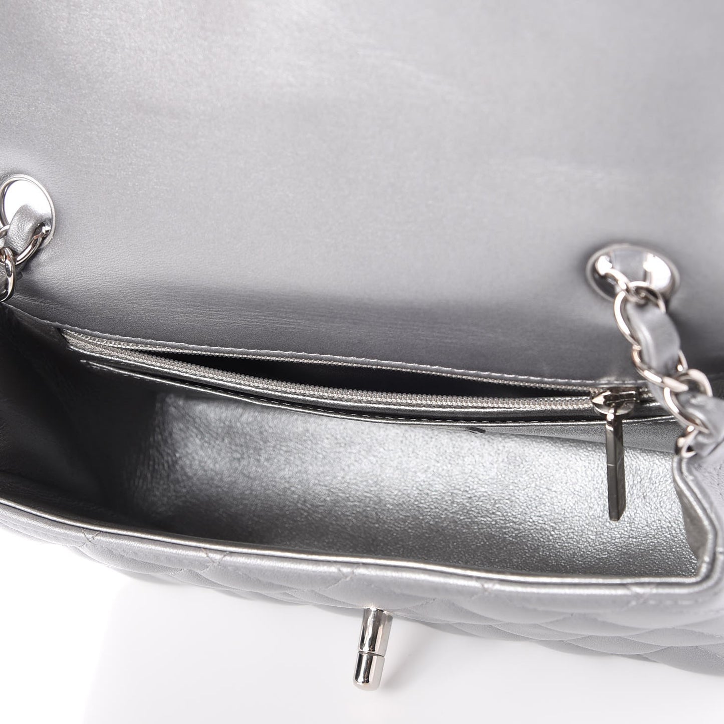 Metallic Lambskin Quilted Mini Rectangular Flap Silver