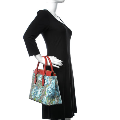 Gucci GG Supreme Monogram Blooms Medium Zip Top Tote Beige Blue Navy Hibiscus Red 2 of 9
