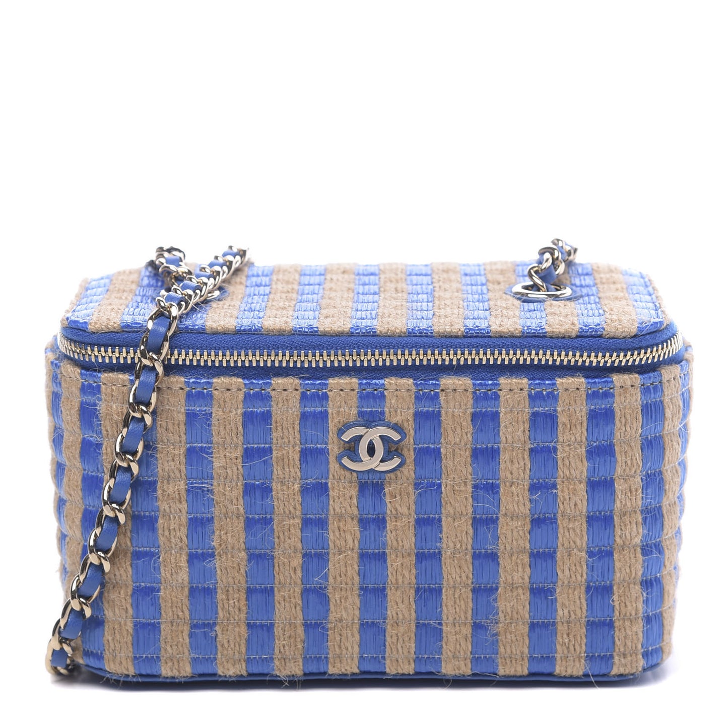 Raffia Jute Striped Small Vanity Case With Chain Blue Beige