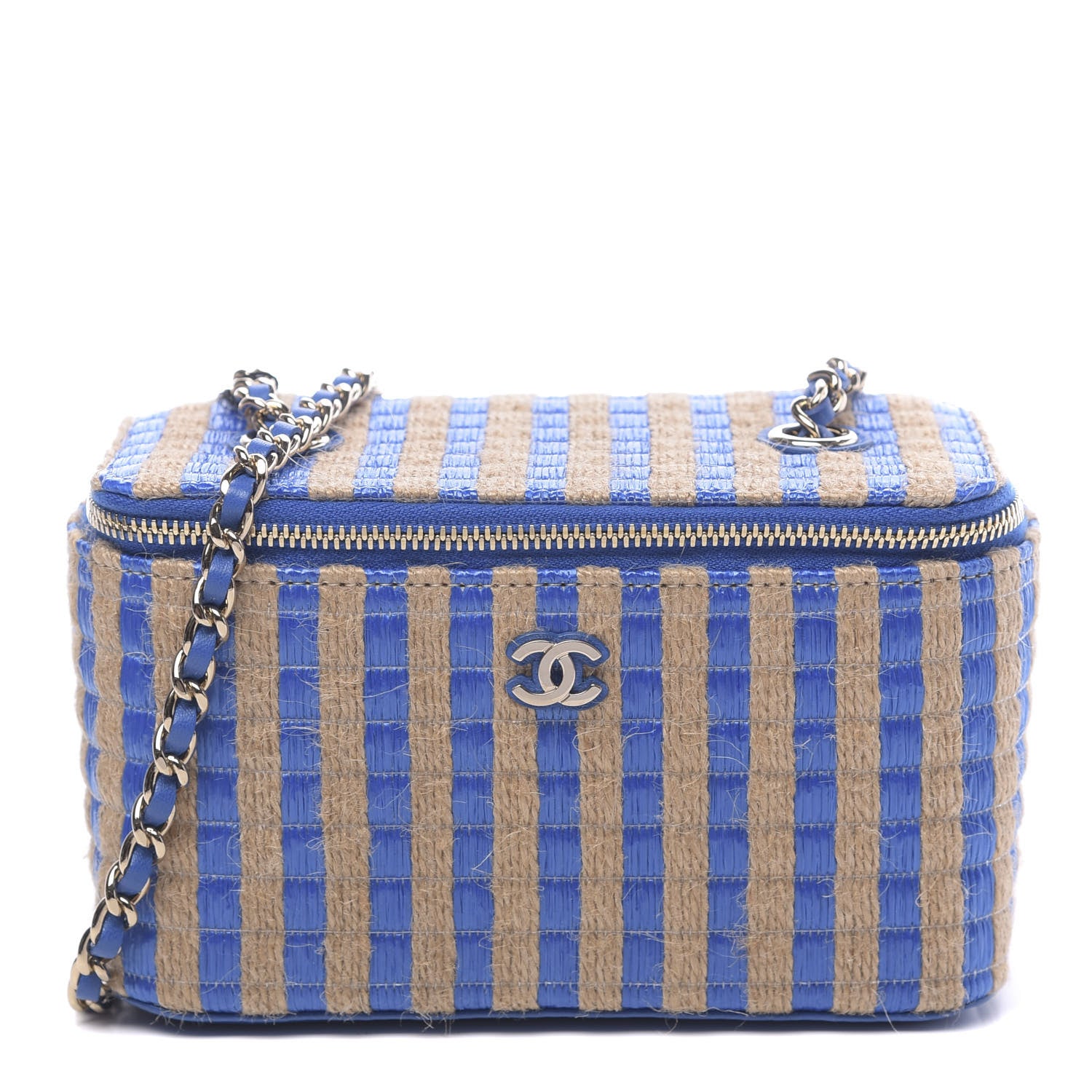 Chanel Raffia Jute Striped Small Vanity Case With Chain Blue Beige 1 of 10