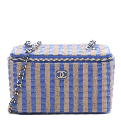 Chanel Raffia Jute Striped Small Vanity Case With Chain Blue Beige 1 of 10