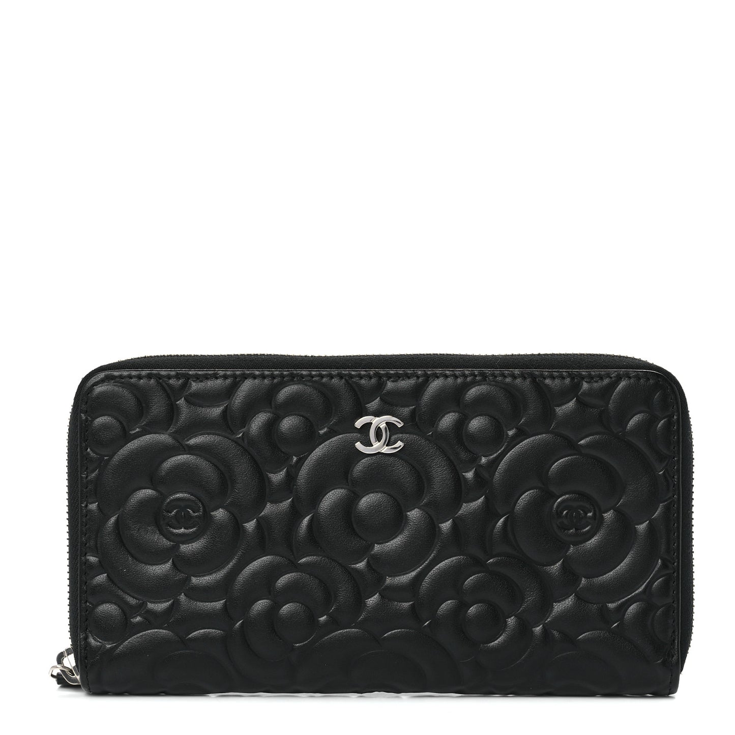 Lambskin Camellia Embossed Large Zip Around Gusset Wallet Black