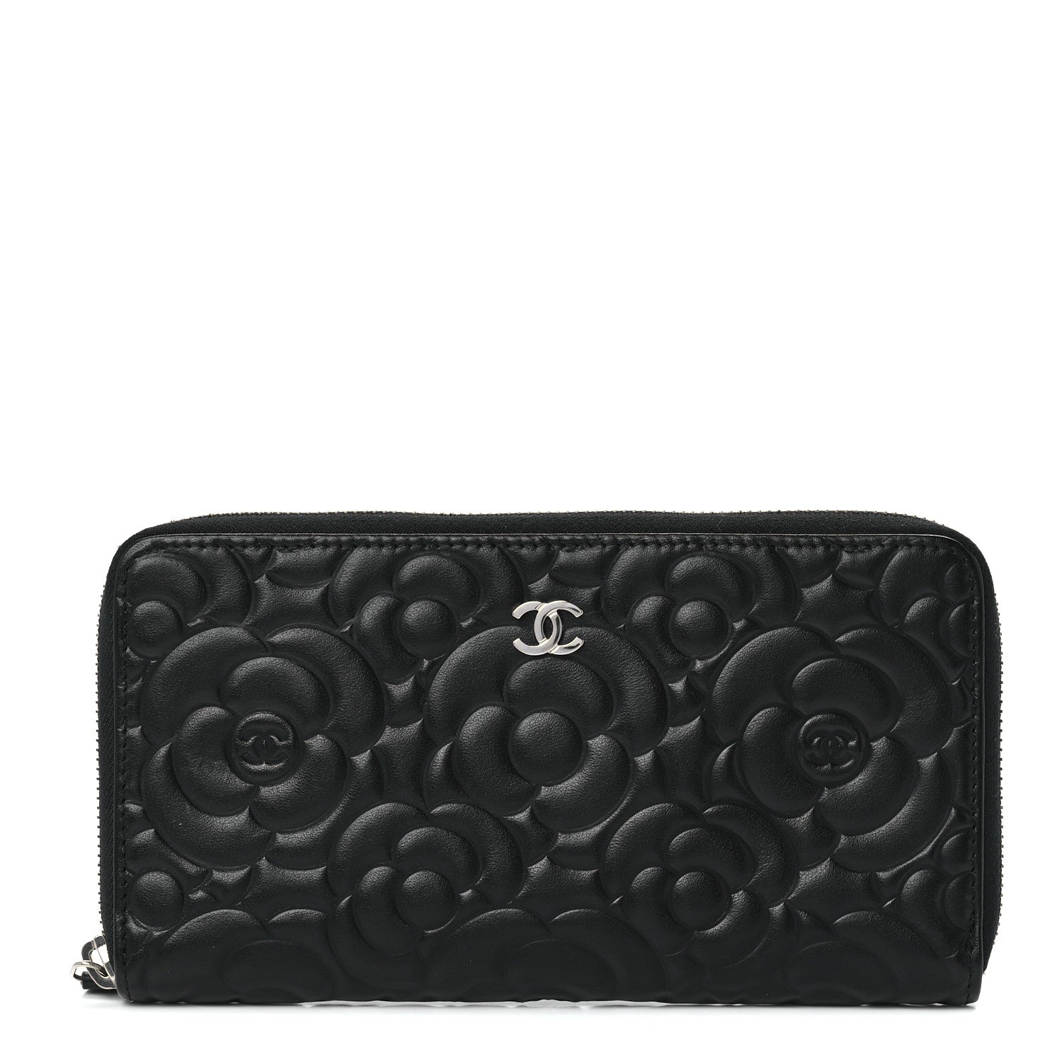 Chanel Lambskin Camellia Embossed Large Zip Around Gusset Wallet Black 1 of 11