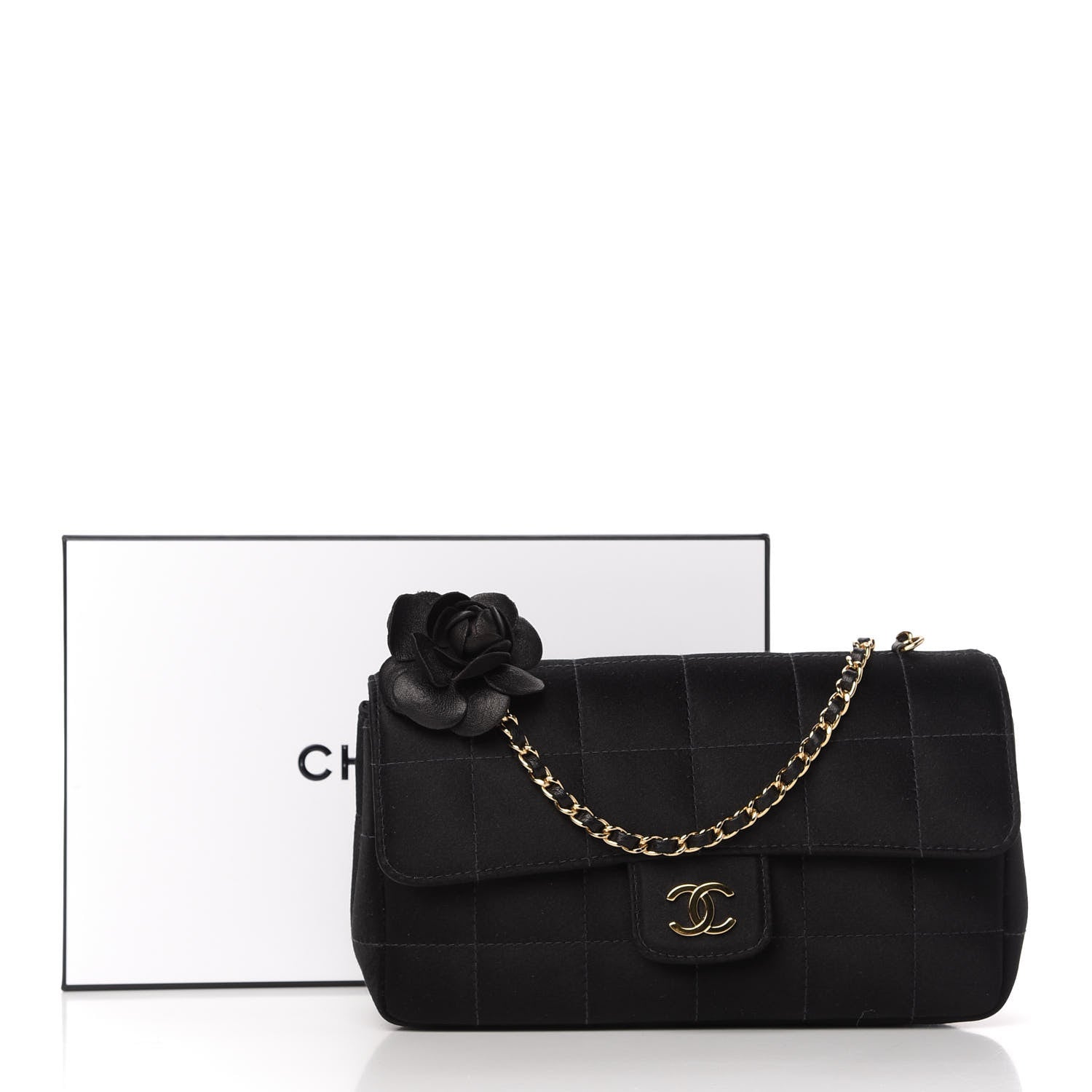 Chanel Satin Chocolate Bar Quilted Camellia Rectangular Mini Flap Black 11 of 11