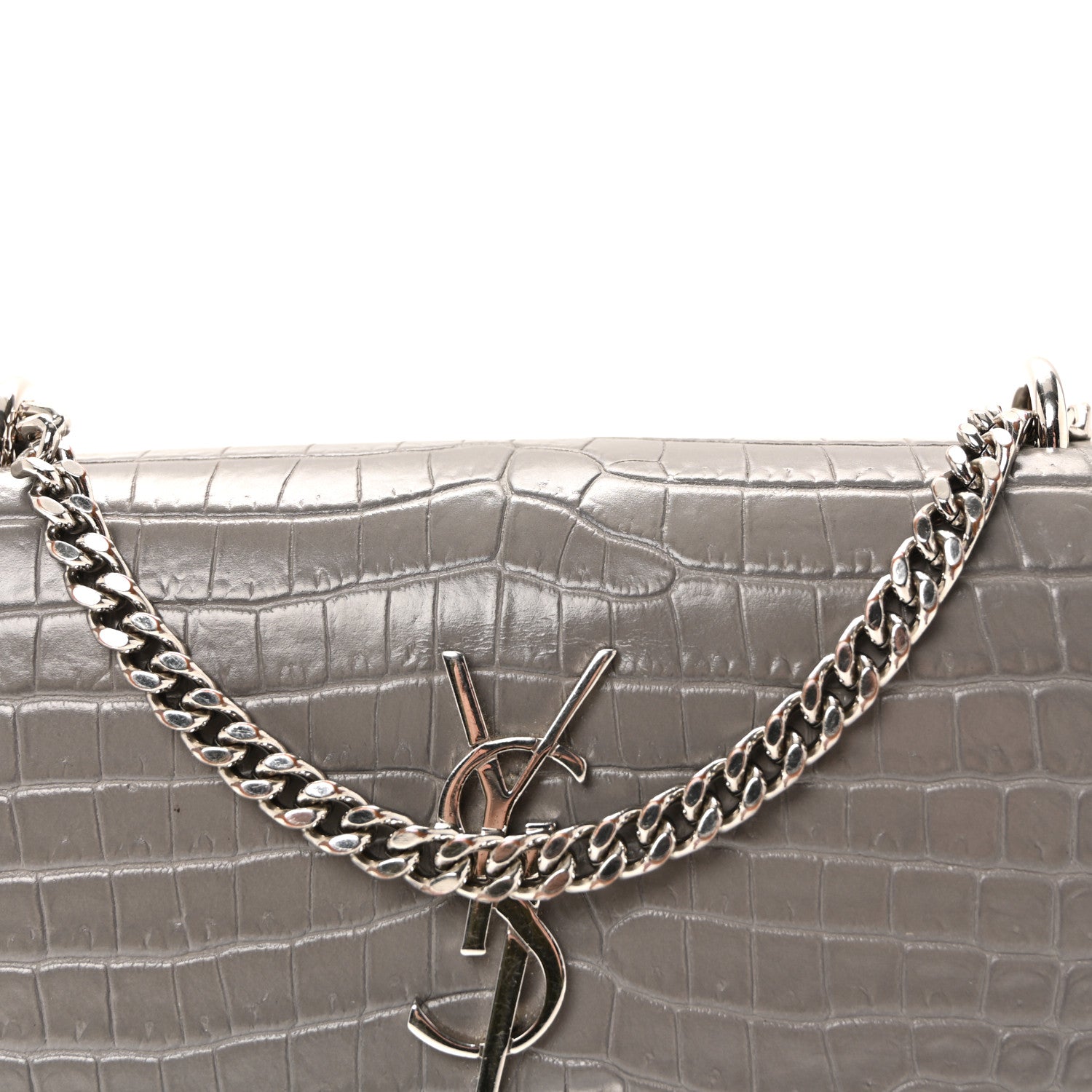 Saint Laurent Calfskin Crocodile Embossed Monogram Sunset Chain Wallet Grey 12 of 17