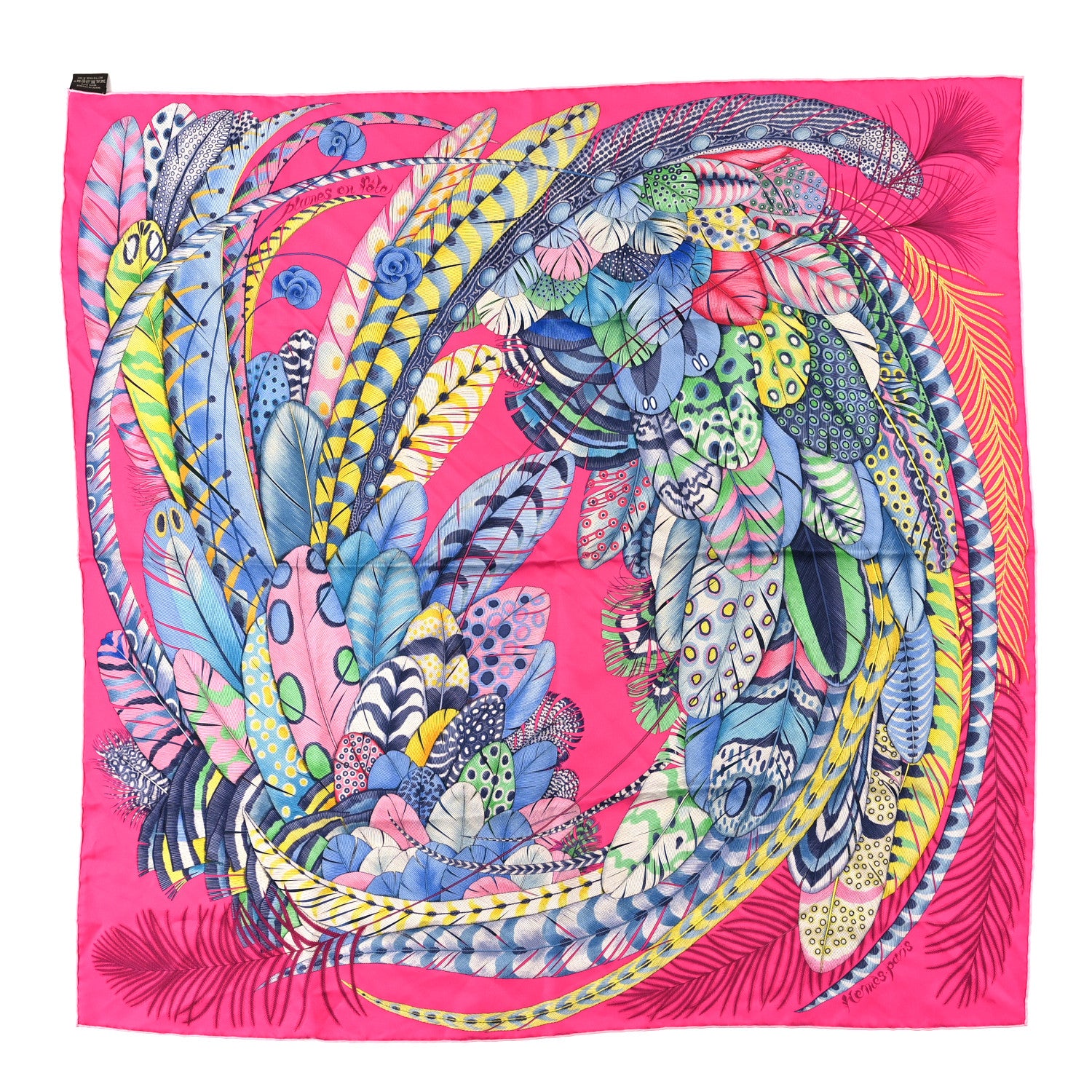 Hermes Silk Plumes En Fete Scarf 90 Rose Vif Bleu Vert 1 of 3