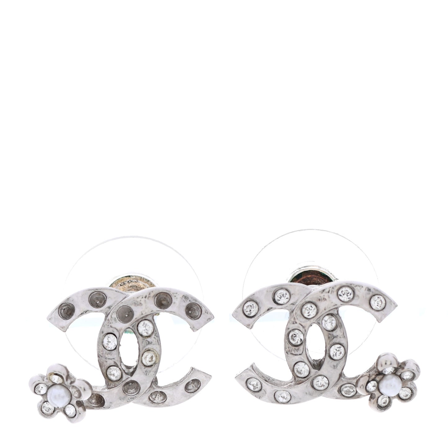 Crystal Pearl Camellia CC Earrings Silver