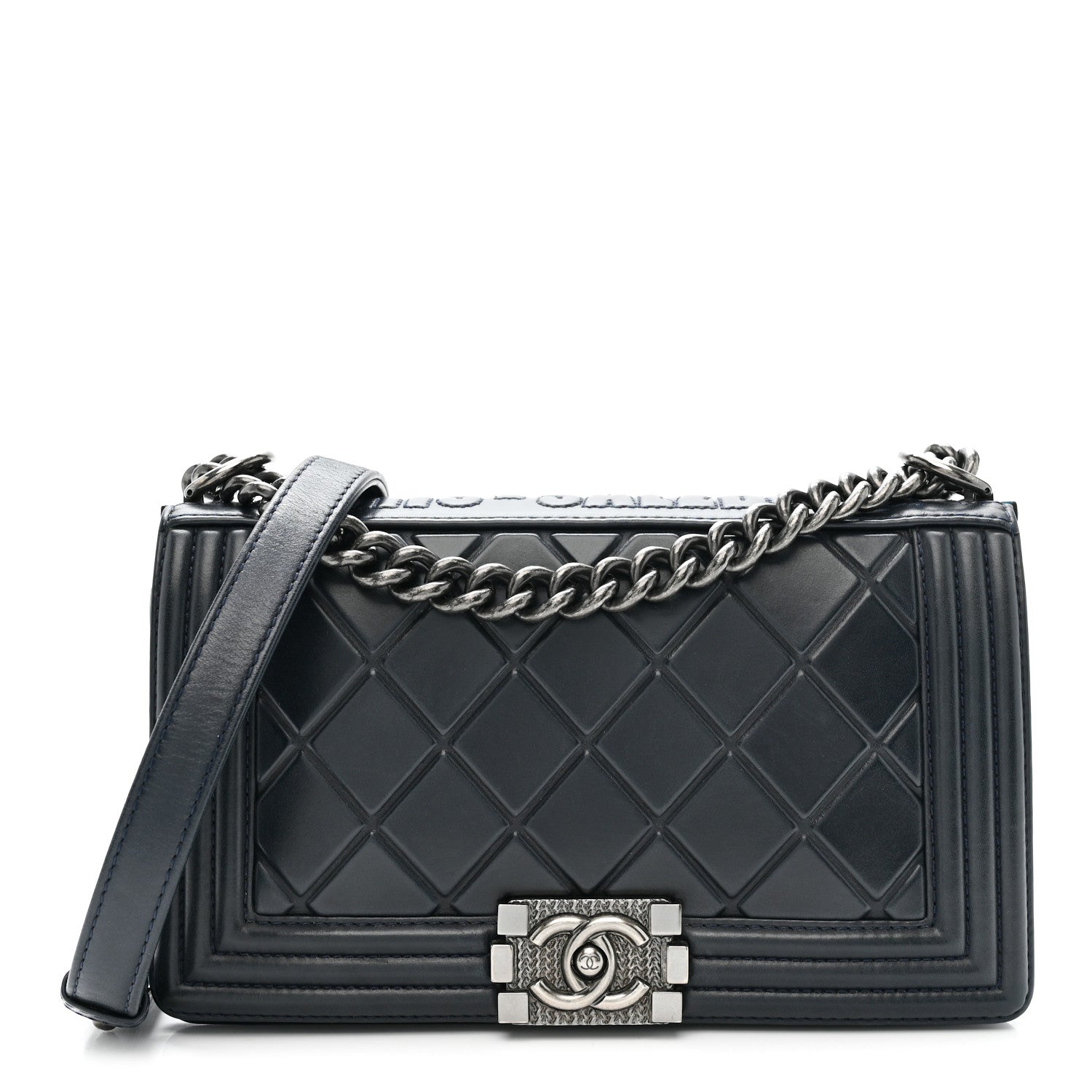 Chanel Calfskin Embossed Medium Paris Salzburg Boy Flap Navy 1 of 10