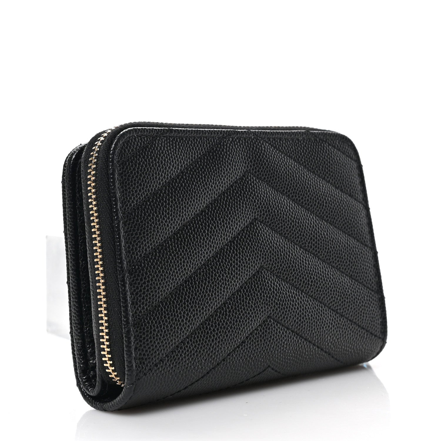 Saint Laurent Grain De Poudre Matelasse Chevron Monogram Compact Zip Around Wallet Black 3 of 6