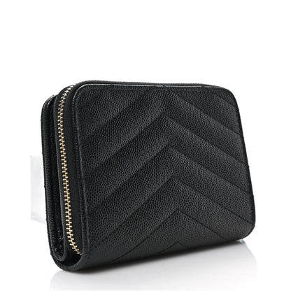 Saint Laurent Grain De Poudre Matelasse Chevron Monogram Compact Zip Around Wallet Black 3 of 6