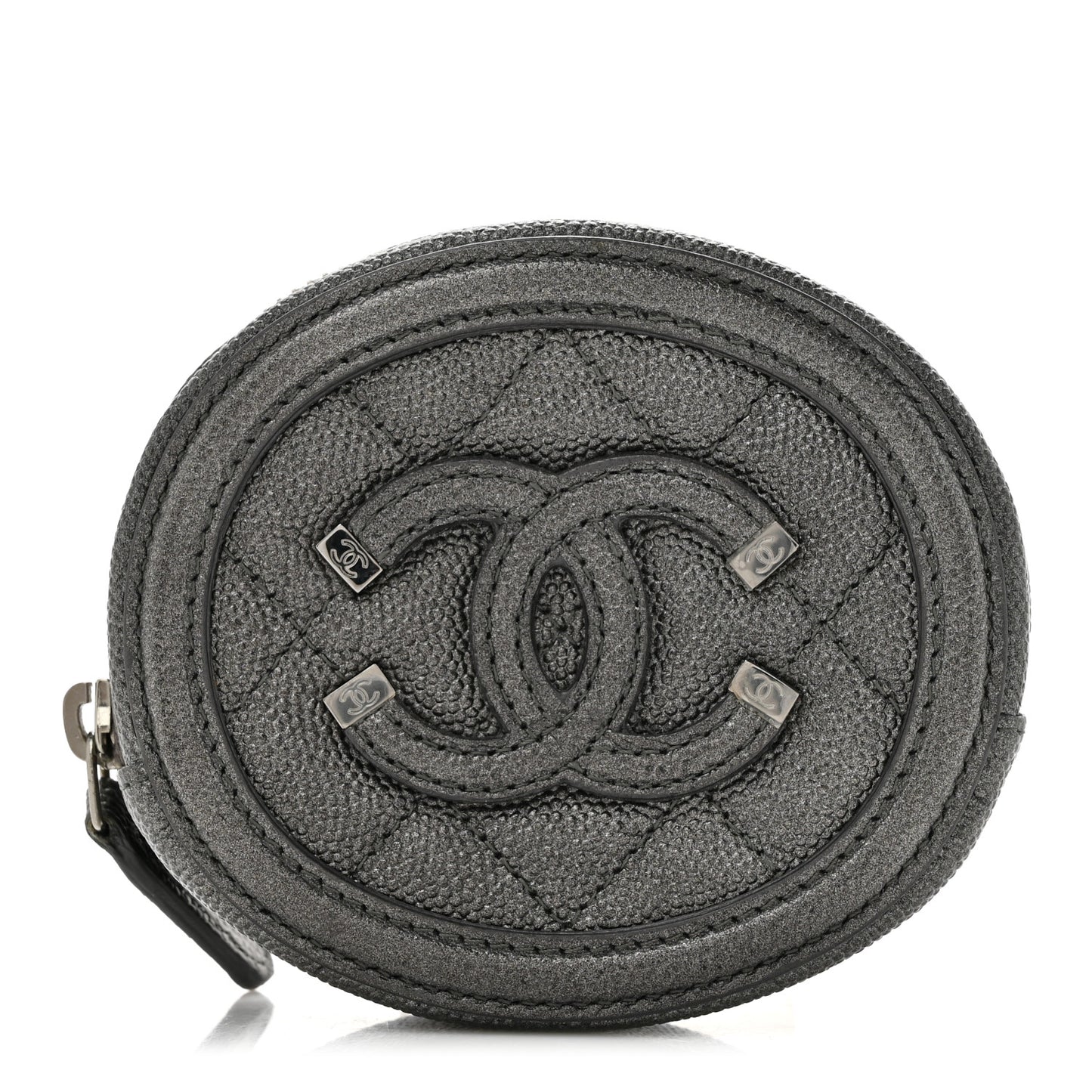 Metallic Caviar Quilted Filigree Zip Around Classic Coin Purse Dark Silver