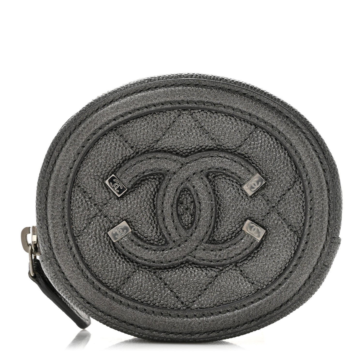 Chanel Metallic Caviar Quilted Filigree Zip Around Classic Coin Purse Dark Silver 1 of 7