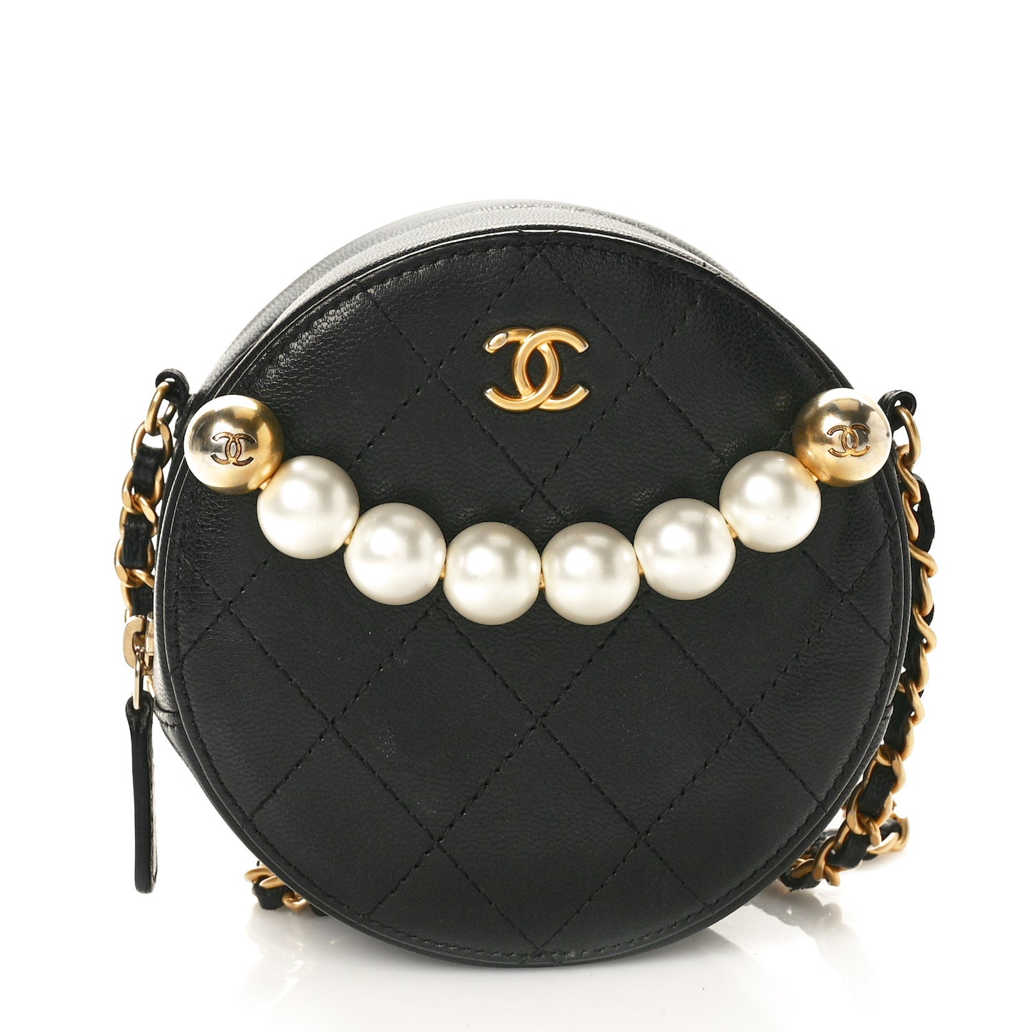 Goatskin Quilted Chic Pearls Chain Round Clutch With Chain Black