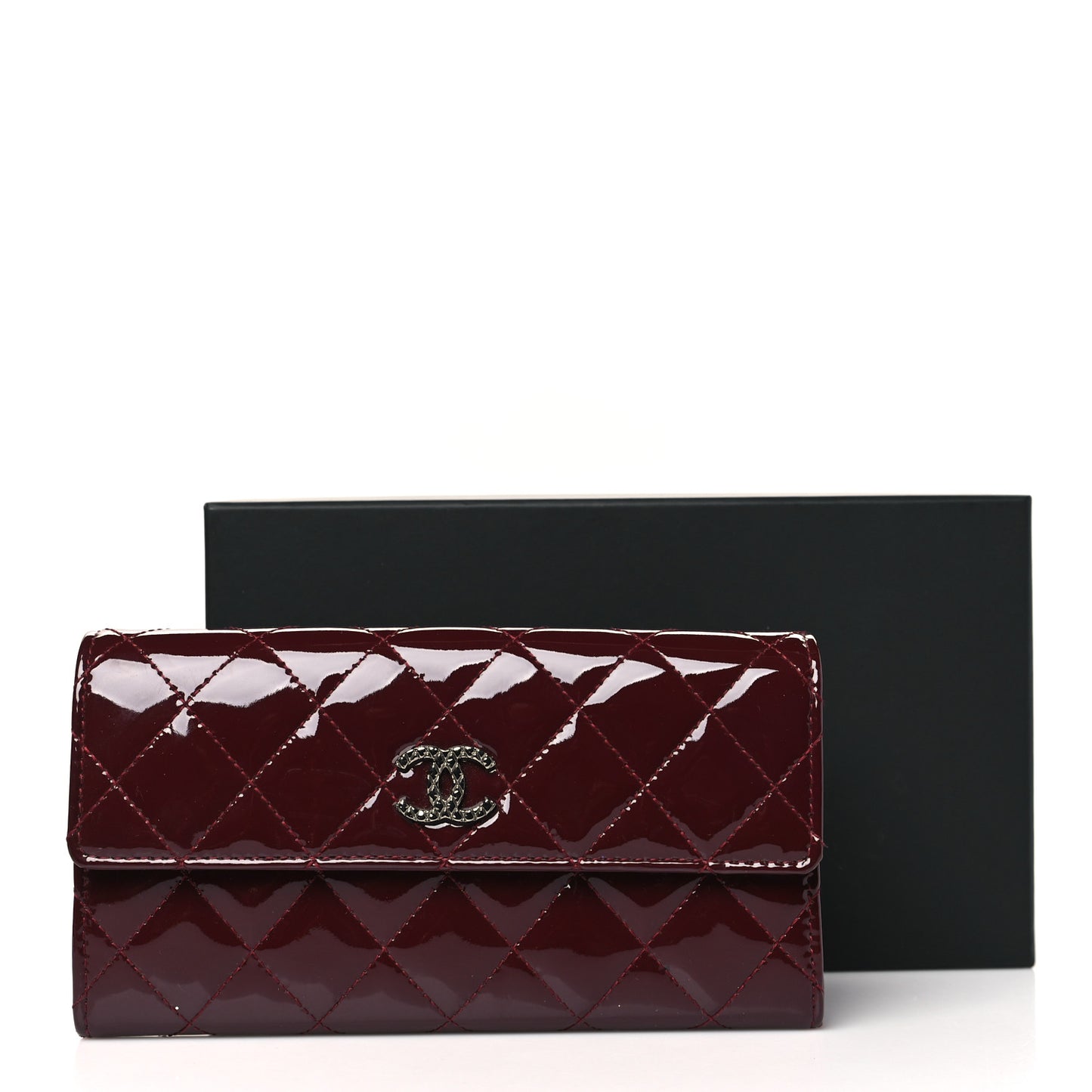 Patent Quilted Large Brilliant Flap Wallet Dark Burgundy