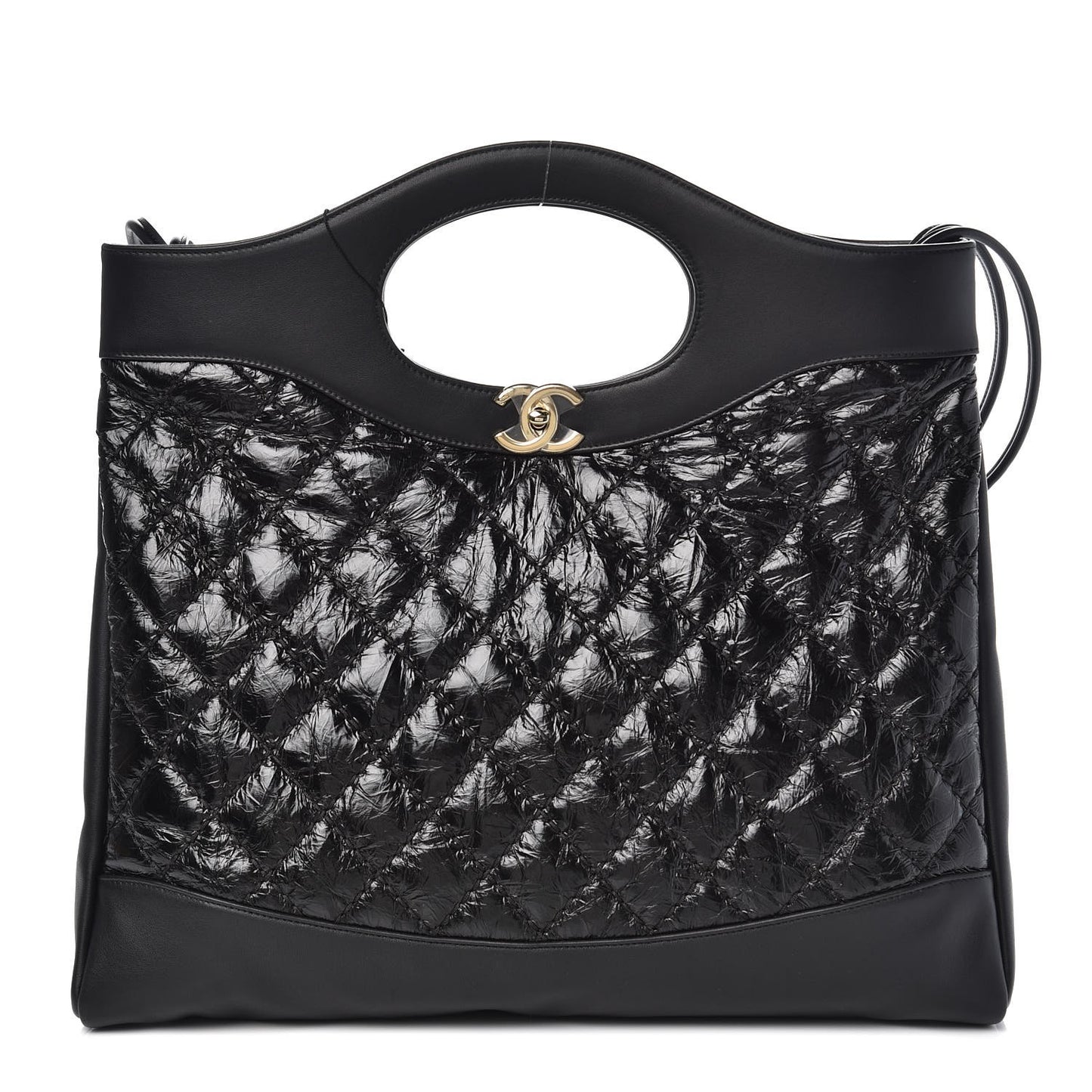 Crumpled Calfskin Quilted 31 Large Shopping Bag Black