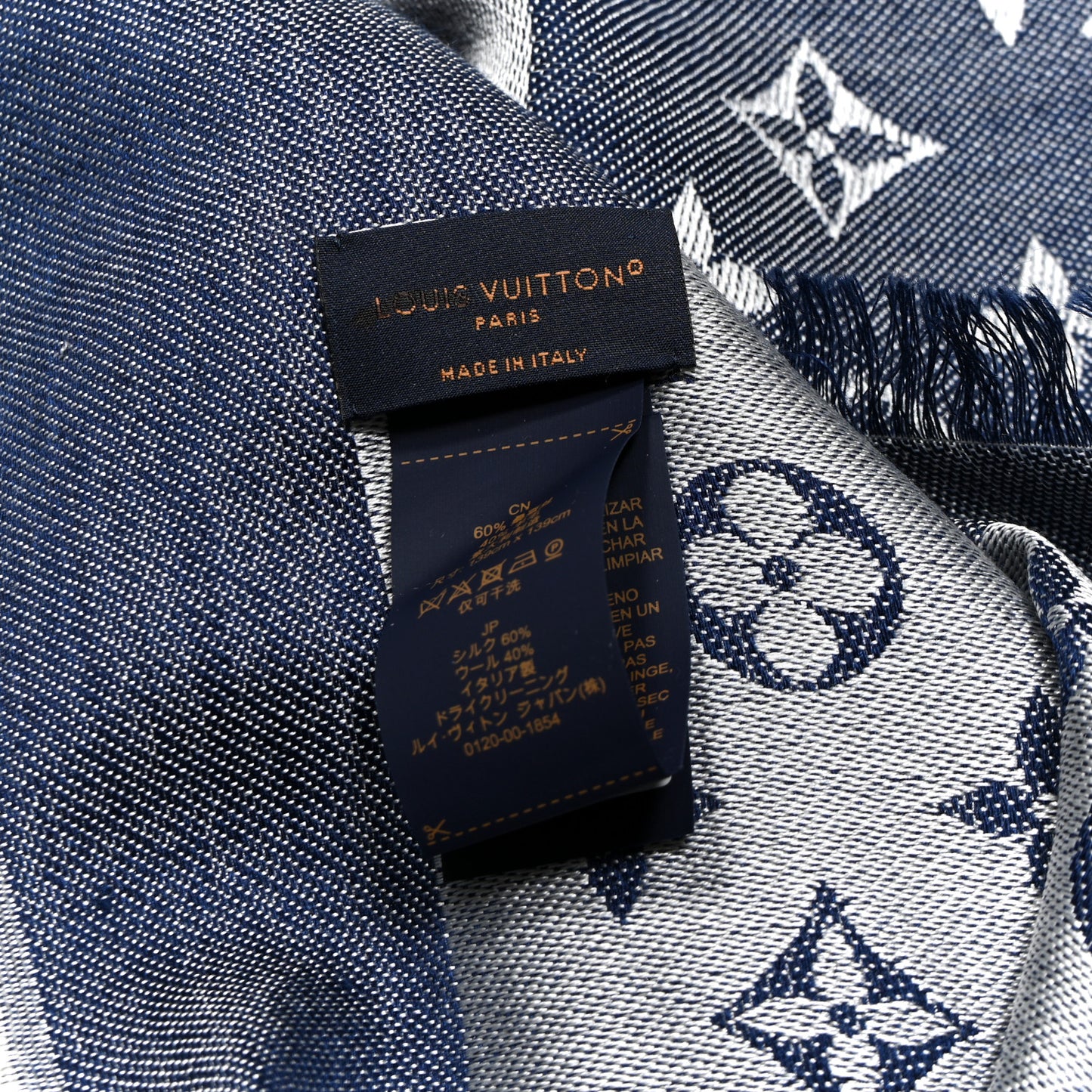 Silk Wool Monogram Denim Shawl Blue