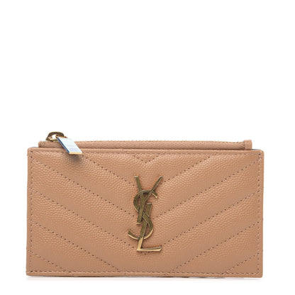 Saint Laurent Grain De Poudre Matelasse Chevron Monogram Fragments Zippered Card Case Cork 1 of 6