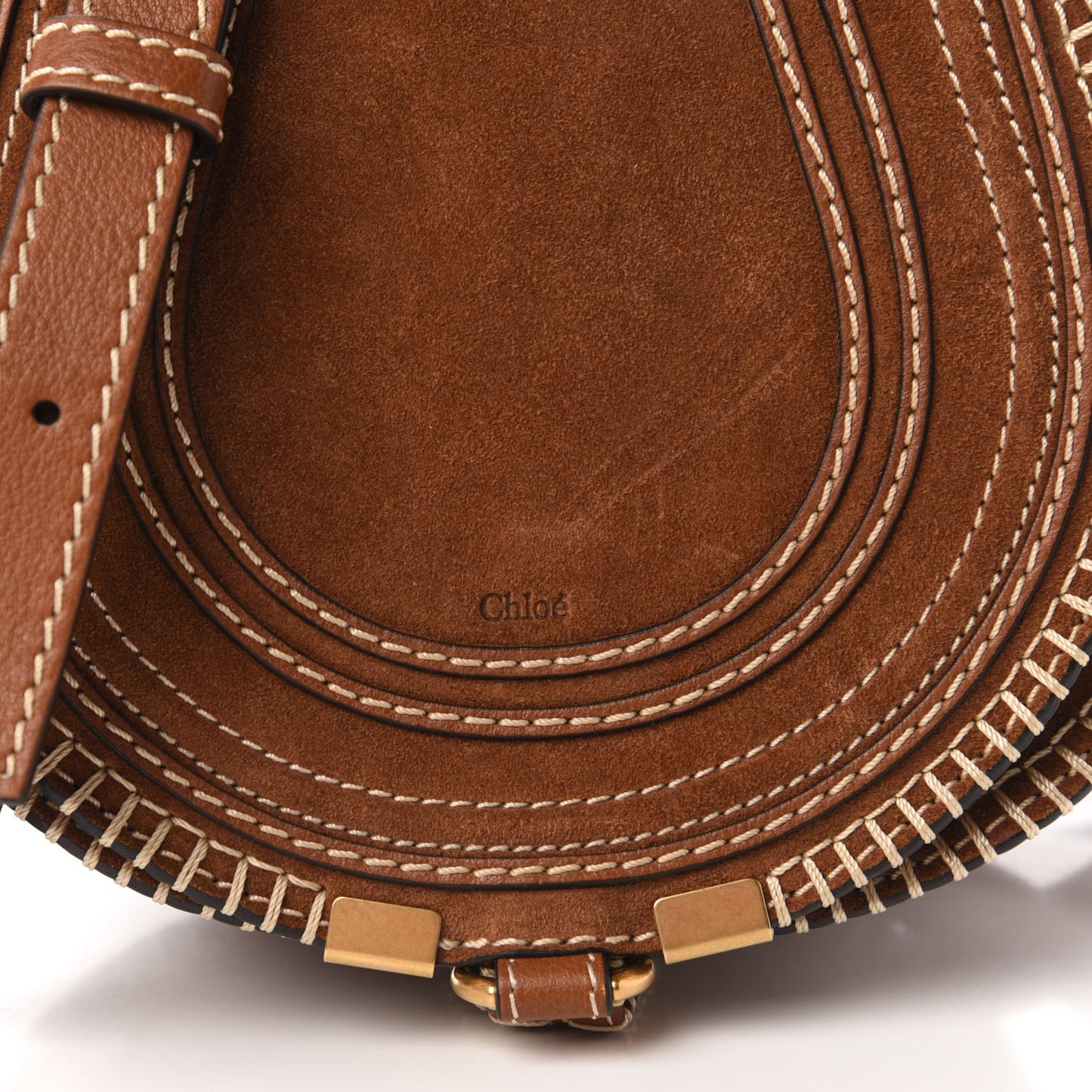 Suede Calfskin Stitched Small Marcie Round Crossbody Bag Tan
