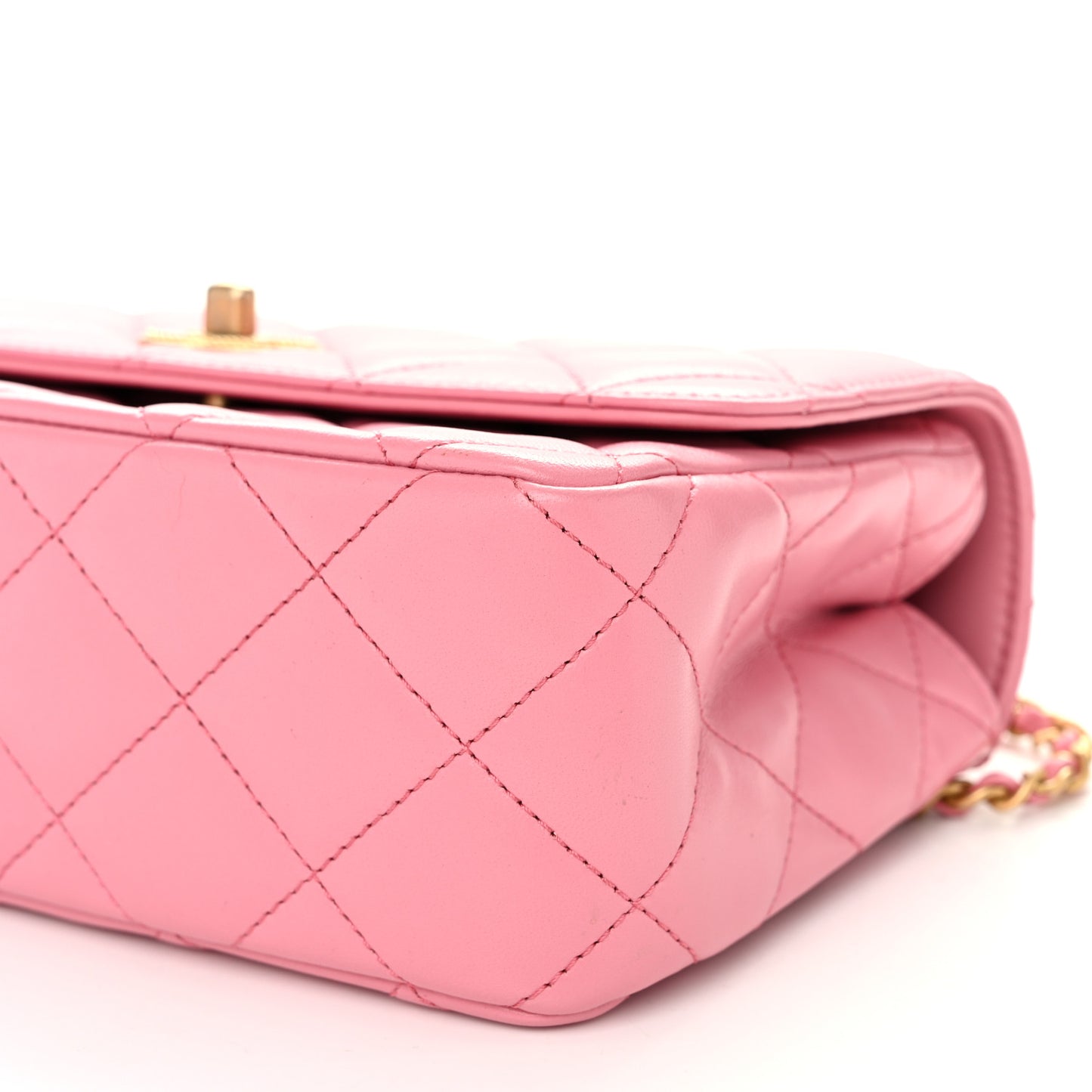 Lambskin Metal Quilted Twist Top Handle Flap With Chain Light Pink