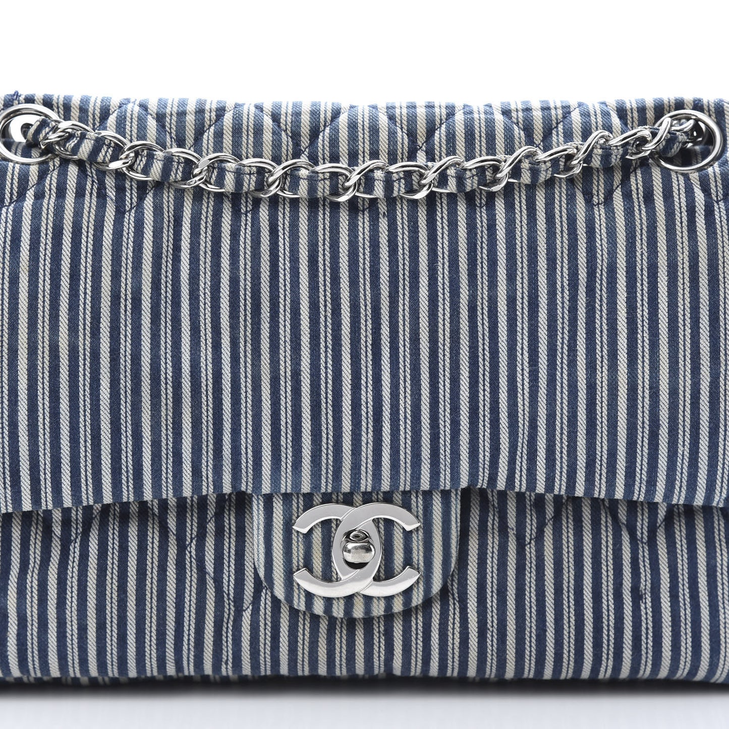 Denim Striped Quilted Medium Double Flap Navy White