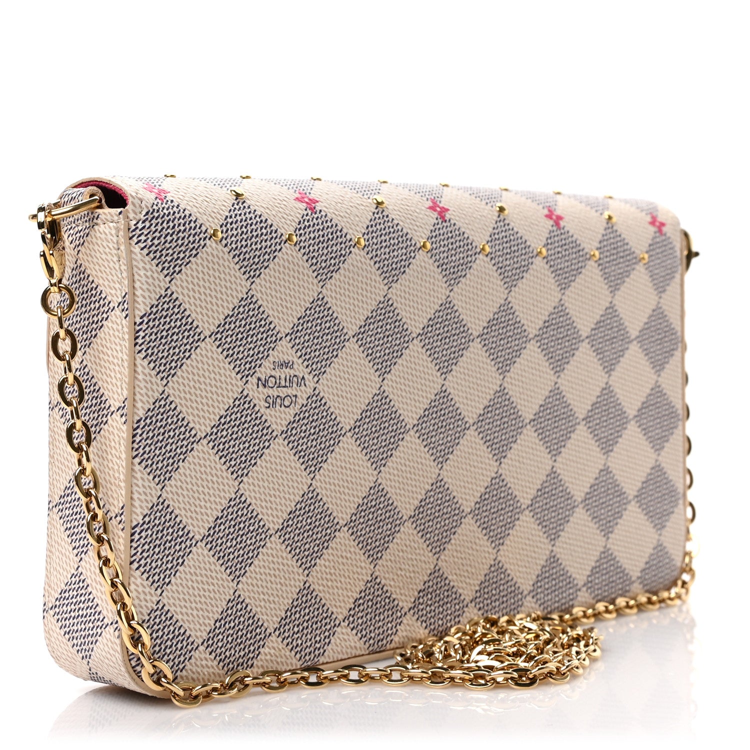 Louis Vuitton Damier Azur Studded Pochette Felicie Chain Wallet Fuchsia 4 of 9