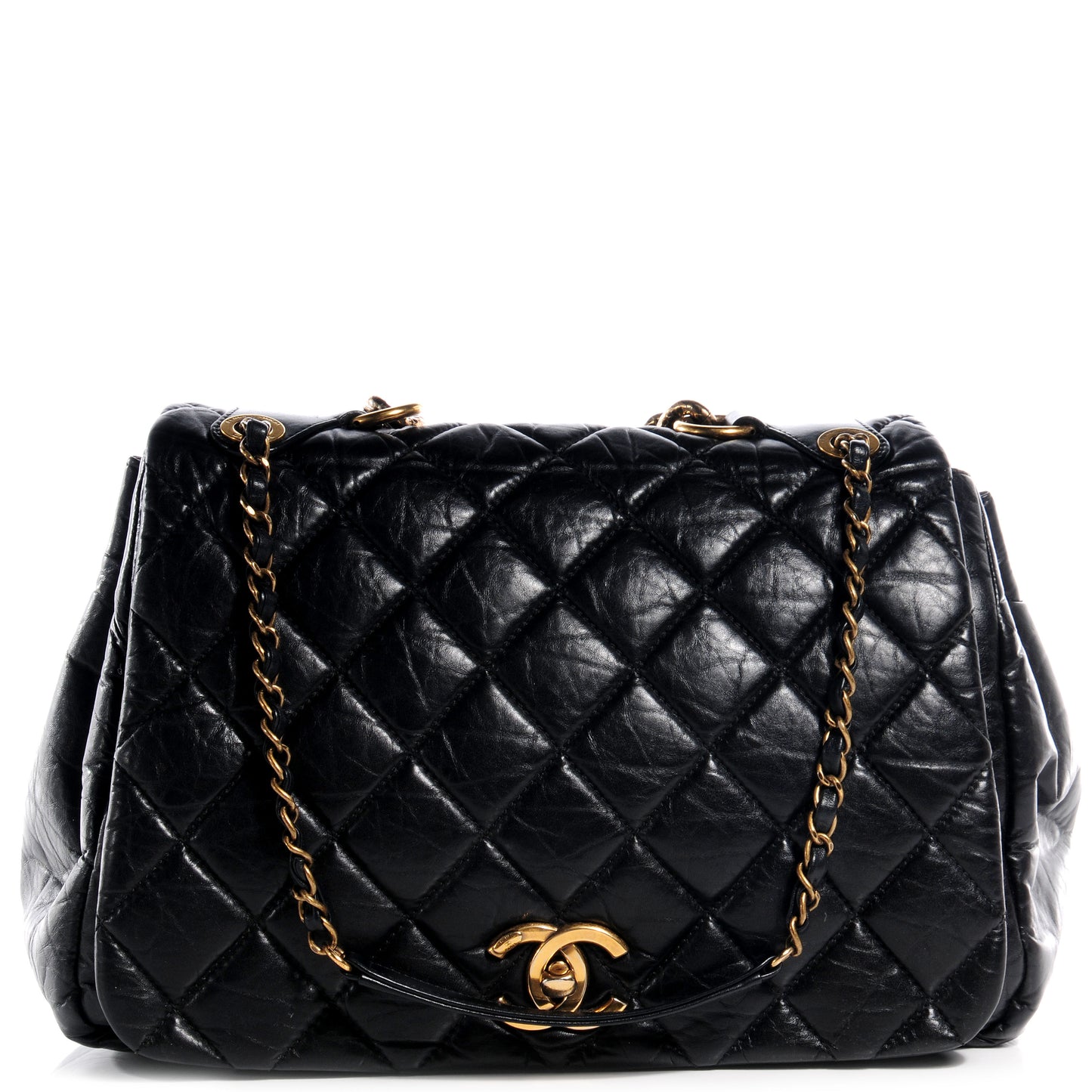 Aged Calfskin Quilted Large Pondichery Flap Black