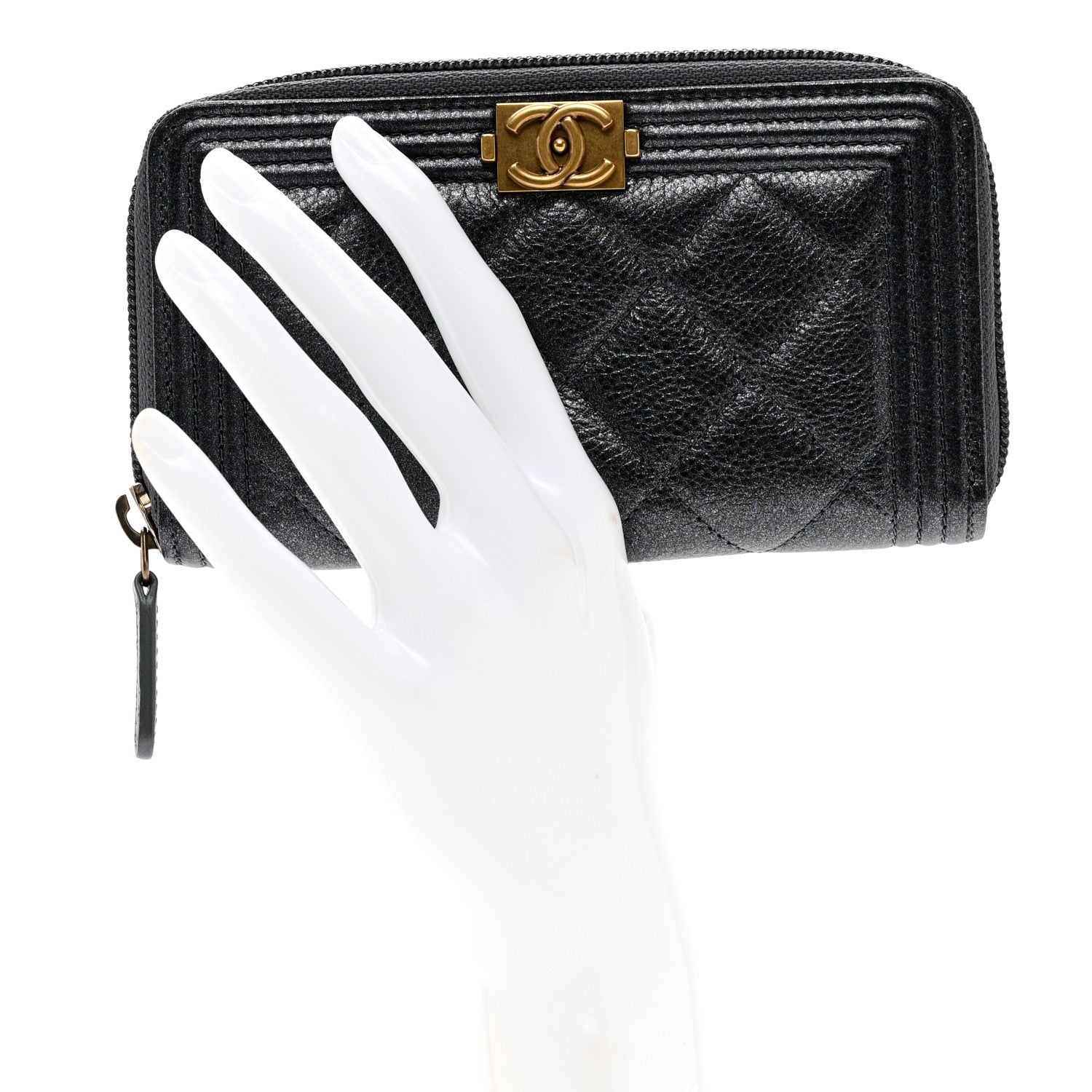 Chanel Metallic Calfskin Quilted Small Boy Zip Around Wallet Charcoal 2 of 8