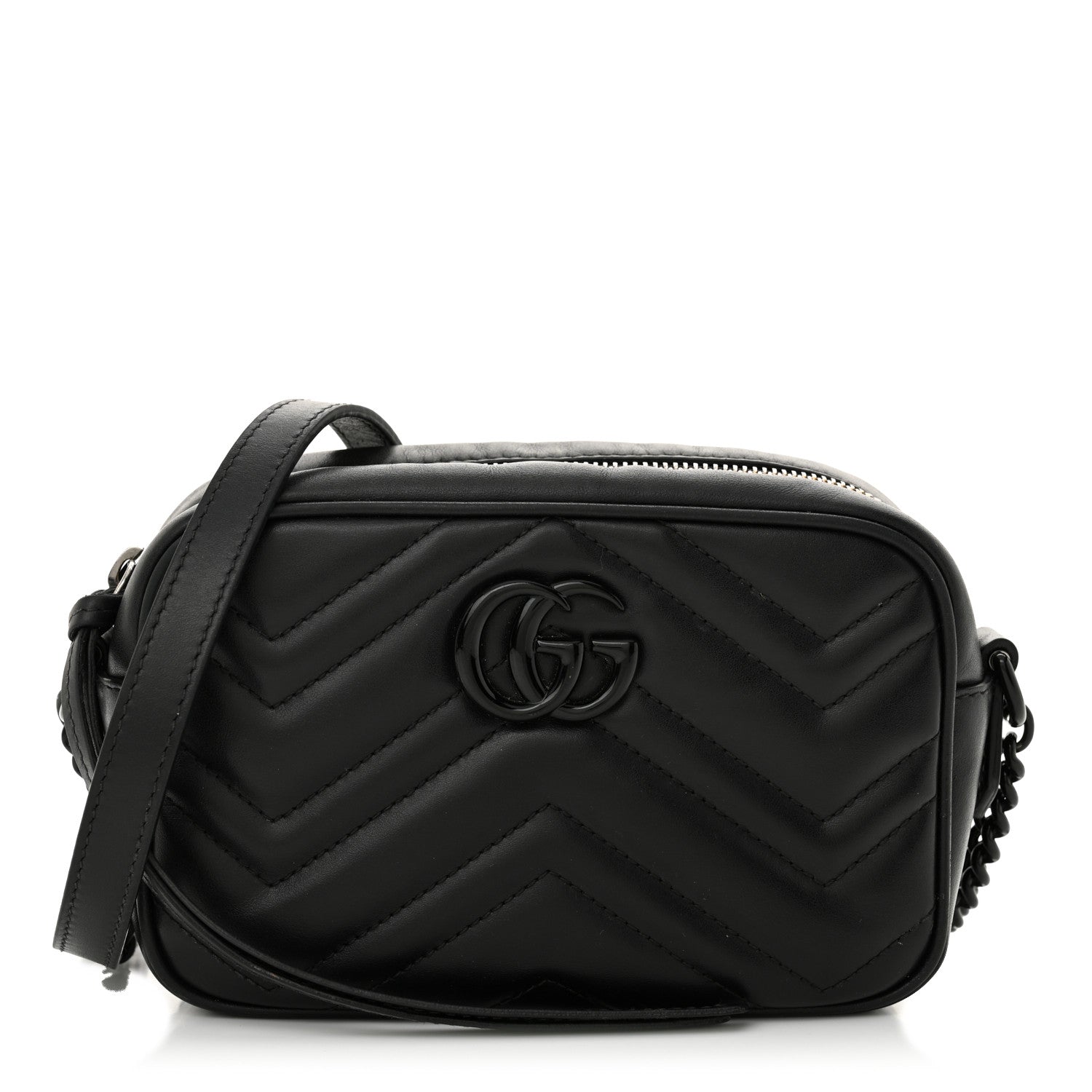 Gucci Calfskin Matelasse Monochrome Mini GG Marmont Chain Shoulder Bag Black 1 of 17