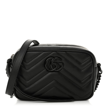 Gucci Calfskin Matelasse Monochrome Mini GG Marmont Chain Shoulder Bag Black 1 of 17