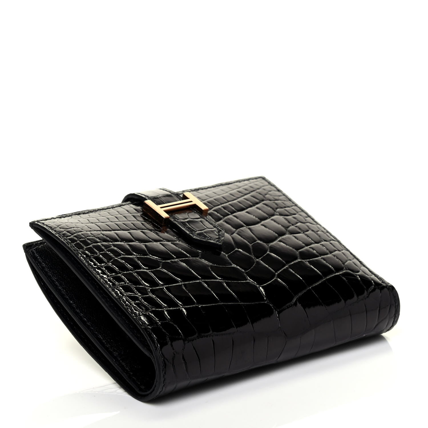 Hermes Shiny Alligator Bearn Compact Wallet Black 4 of 7