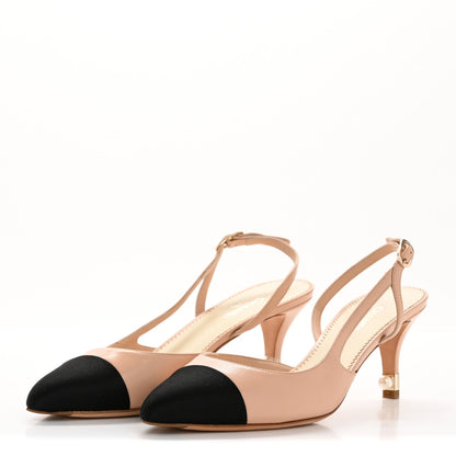 Chanel Lambskin Satin Cap Toe CC Slingback Heels 40 Beige Black 4 of 10