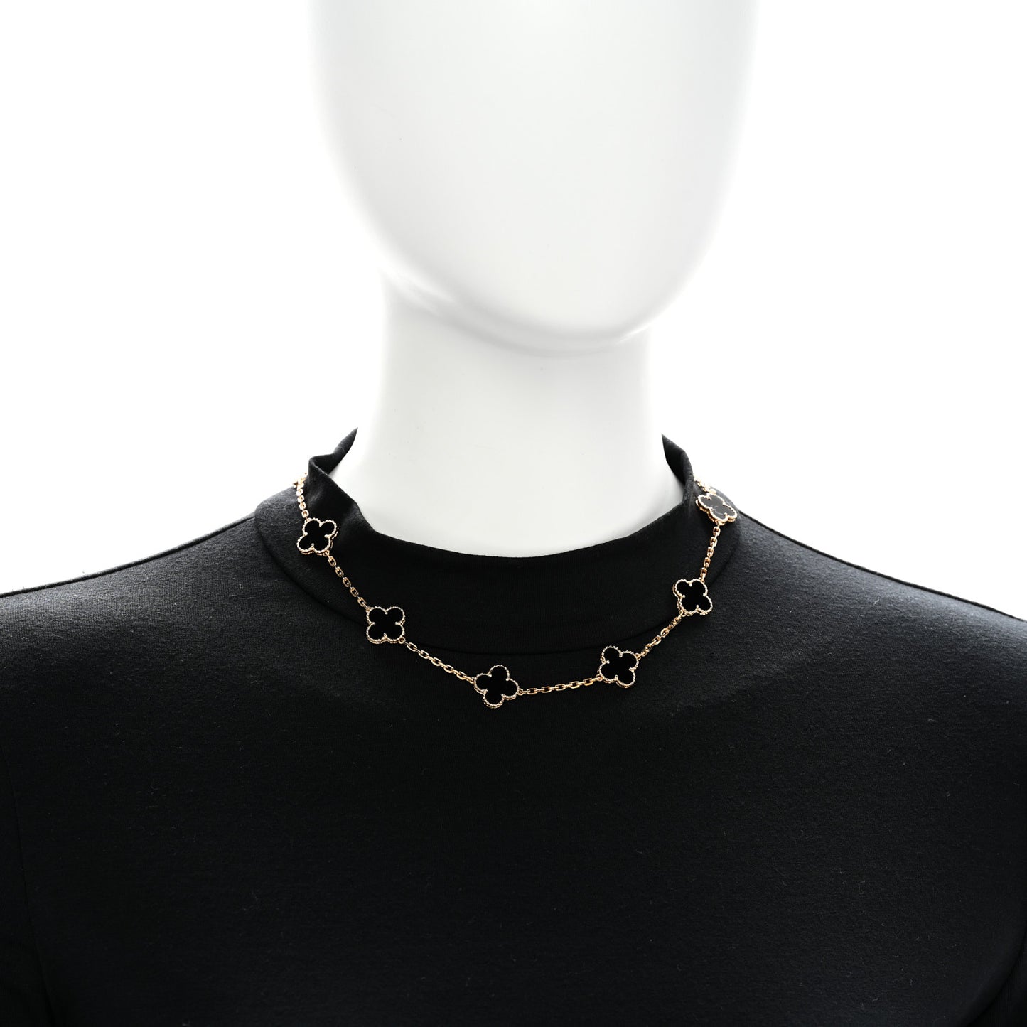 18K Yellow Gold Black Onyx 10 Motifs Vintage Alhambra Necklace