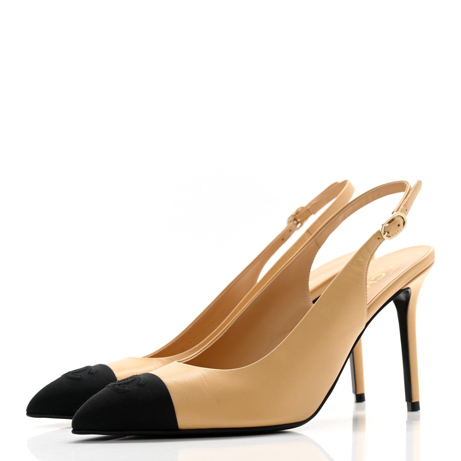 Chanel Goatskin Grosgrain Pointed Cap Toe CC Slingback Pumps 40 Beige Black 3 of 12