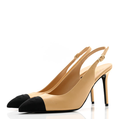 Chanel Goatskin Grosgrain Pointed Cap Toe CC Slingback Pumps 40 Beige Black 3 of 12