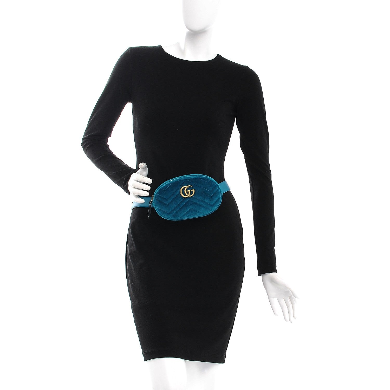 Gucci Velvet Matelasse GG Marmont Belt Bag 85 34 Pavone Cyan 2 of 8