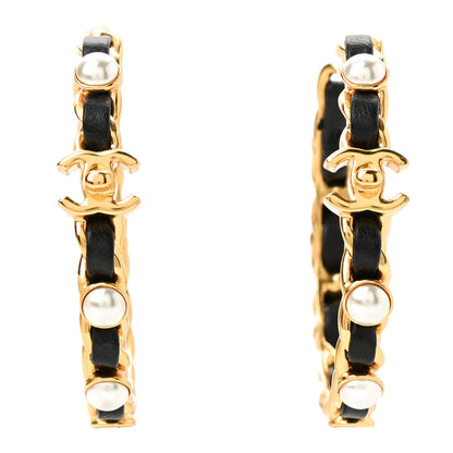 Chanel Lambskin Pearl CC Chain Hoop Earrings Gold Black 1 of 5