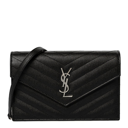 Saint Laurent Grain De Poudre Matelasse Chevron Monogram Envelope Chain Wallet Black 1 of 12